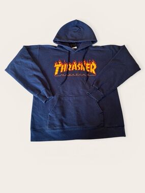 Vintage Thrasher Skateboarding Hoodie Sweatshirt Mens Size S Blue Flames